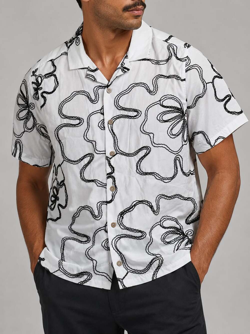 V.I.P. Collection Men's VFEW-04 Floral Embroidered Camp Collar Shirt